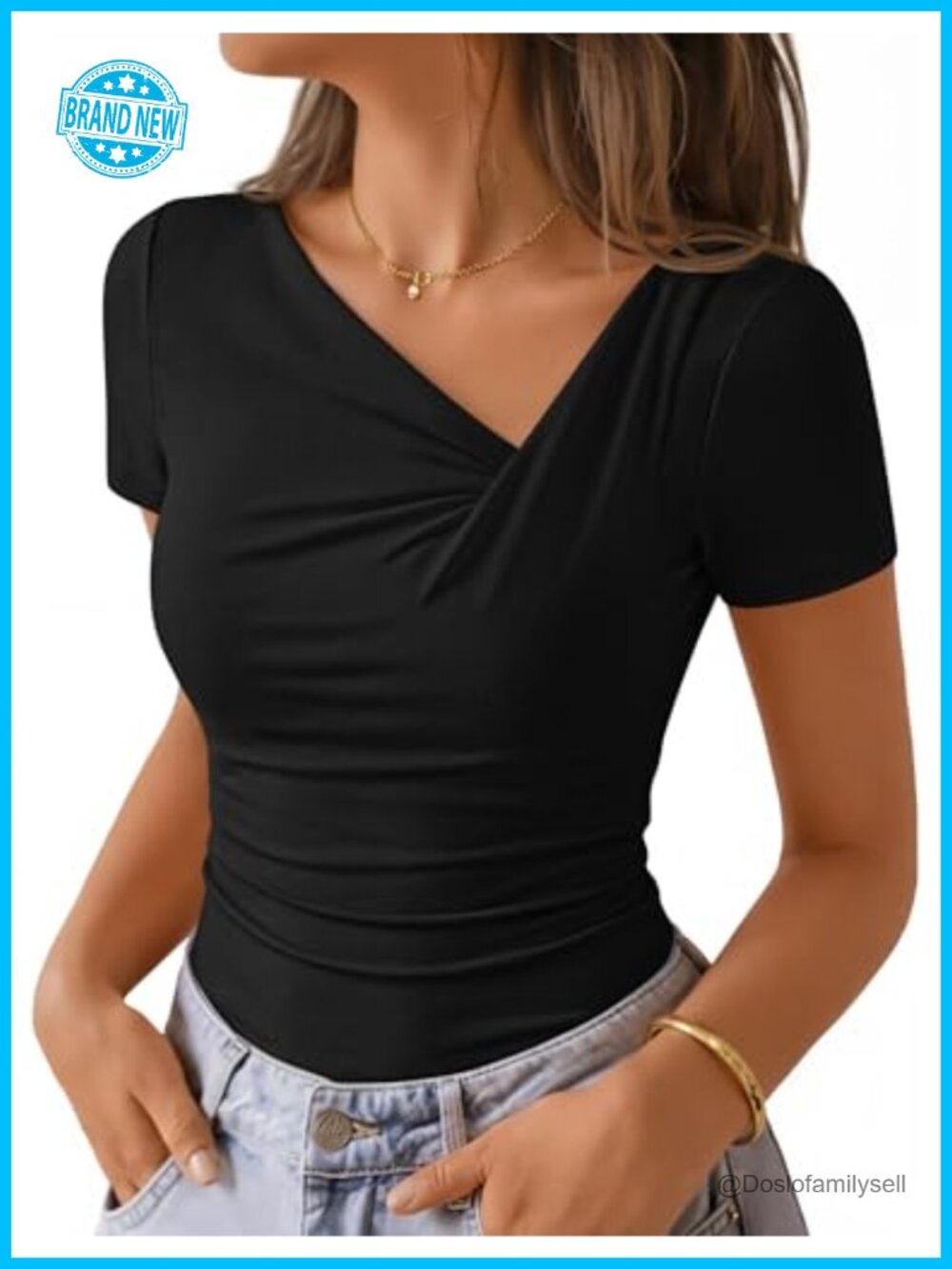 Women's Asymmetrical Ruched Short Sleeve V-Neck T-Shirt Slim Fit Summer Top